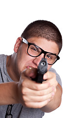 Image showing Teenage Boy Pointing a Gun and Yelling