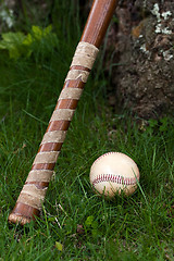 Image showing Old Vintage Baseball and Wooden Bat
