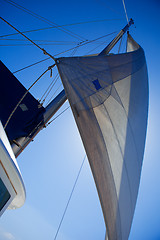 Image showing Looking up at sails and mast of boat / yachting 