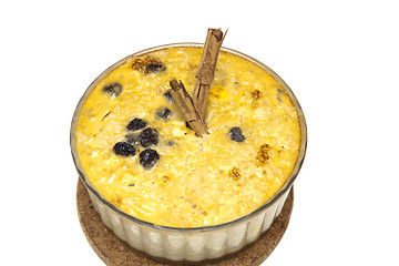 Image showing Creamy rice pudding with sultanas and cinnamon. A simple, tasty 