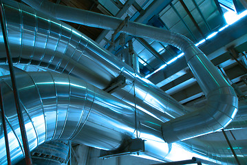 Image showing Industrial zone, Steel pipelines in blue tones