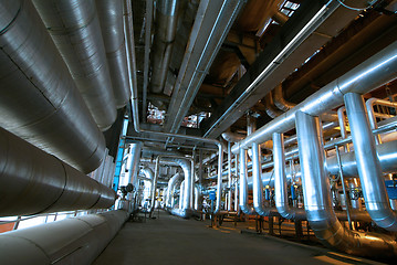 Image showing Industrial zone, Steel pipelines in blue tones