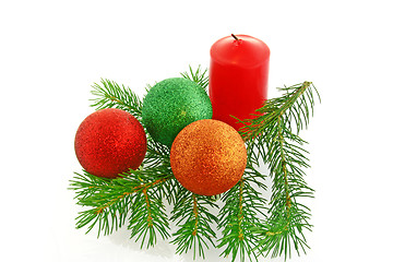 Image showing chrismas still life with red candles and balloons