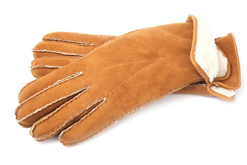 Image showing pair of winter sheepskin gloves with fur