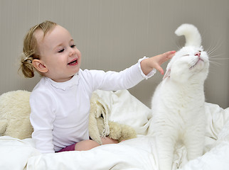 Image showing little girl sitting on the bed and plays with a cat