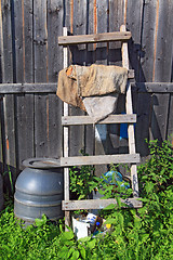 Image showing aging stairway near rural shed