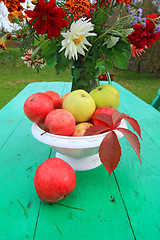 Image showing autumn still life on green table in garden