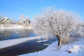 Image showing winter village on coast river 