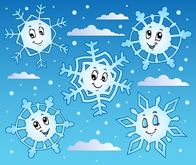 Image showing Snowy sky with cartoon snowflakes 1