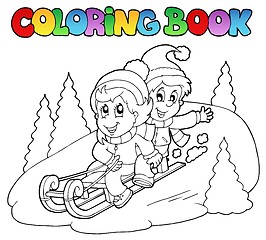 Image showing Coloring book two kids on sledge