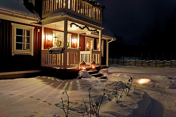 Image showing Traditional swedish house, decorated for Christmas