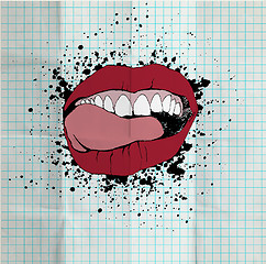 Image showing Sketch of the lips and teeth on the school paper. Grunge backgro