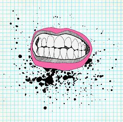 Image showing Sketch of the lips and teeth on the school paper. Grunge backgro