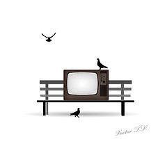 Image showing Retro TV on the bench and pigeons