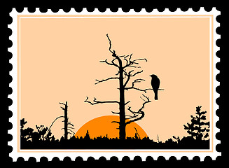 Image showing vector silhouette of the bird on tree on postage stamps