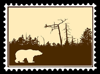 Image showing vector silhouette bear on postage stamps