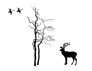 Image showing vector silhouette deer near tree on white background