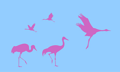 Image showing vector silhouette of the cranes on blue background