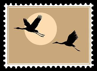 Image showing flying crane on postage stamps. vector