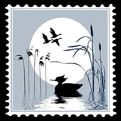 Image showing vector silhouette bird on postage stamps