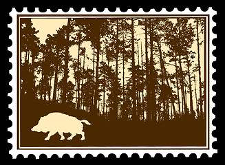 Image showing vector silhouette of the wild boar in wood on postage stamps