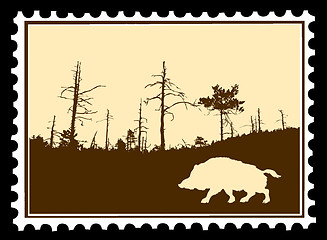 Image showing vector silhouette wild boar on postage stamps