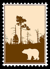 Image showing vector silhouette bear in wood on postage stamps