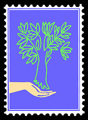 Image showing vector silhouette tree in hand on postage stamps