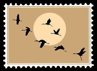 Image showing vector silhouette flying cranes on postage stamps