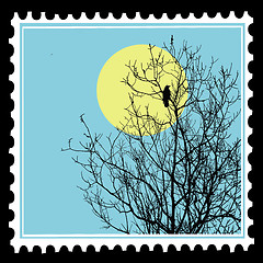 Image showing vector silhouette ravens on tree on postage stamps