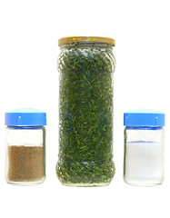 Image showing Tinned greens, pepper and salt 