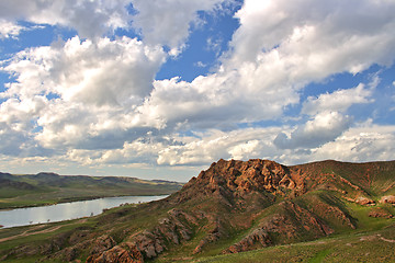 Image showing landscape river mountain and cloudy sky