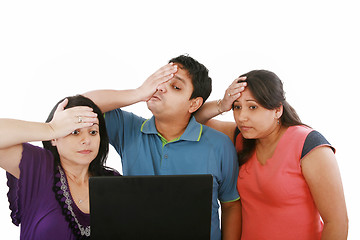 Image showing domestic life: group of friends having problems with computers 