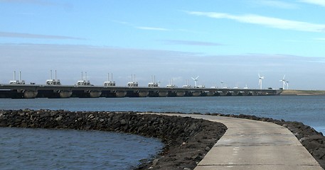 Image showing Dam, sea and wind green energy in Zeeland