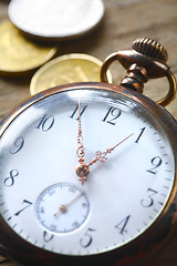 Image showing vintage pocket watch on wooden background