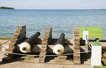 Image showing historic antique cannons waterfront harbor Brig Bay Corn Island