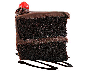 Image showing Chocolate cake with chocolate icing and a cherry.