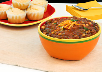 Image showing Large, colorful bowl of vegetarian chili