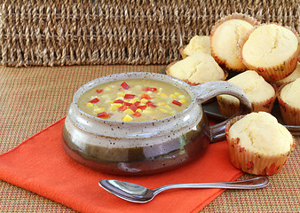 Image showing Delicious corn chowder and corn muffins.