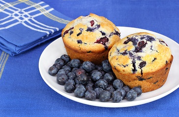 Image showing Delicious baked blueberry muffins with fresh blueberries.