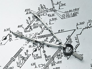 Image showing compasses, divider and plan