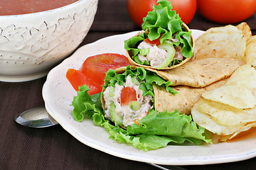 Image showing Tuna salad wraps, chips and tomato soup.