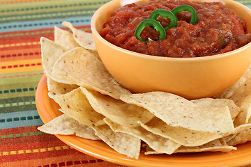 Image showing Salsa, jalapeno pepper slices and tortilla chips