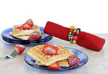 Image showing Fresh homemade waffles with strawberries