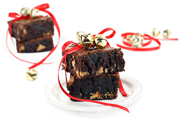 Image showing Chocolate Fudge Peanut Butter Brownies with Christmas Ribbons an