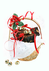 Image showing Fudge and peanut butter chip brownies in a gift basket on white 