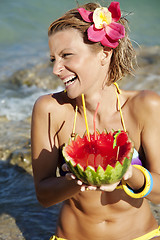 Image showing woman with watermelon cocktail