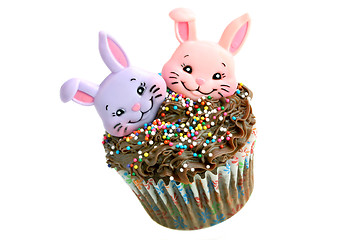 Image showing Chocolate Easter Cupcake with two bunnies