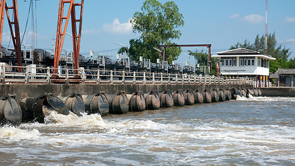 Image showing Flood wall and pump outlets in Thailand