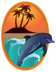 Image showing Dolphin against tropical island in a wooden frame.